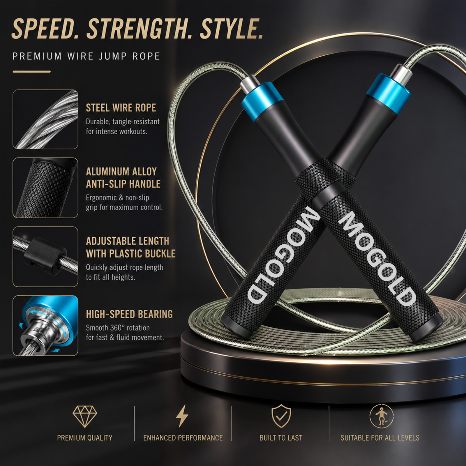 Jump Rope Speed Bearing - Profesjonalna skakanka MOGOLD z metalowymi uchwytami,